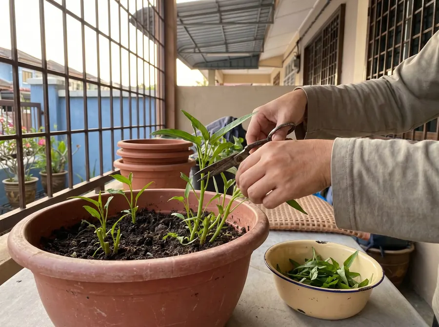 Tangan menggunting pucuk kangkung dari pasu di porch rumah teres